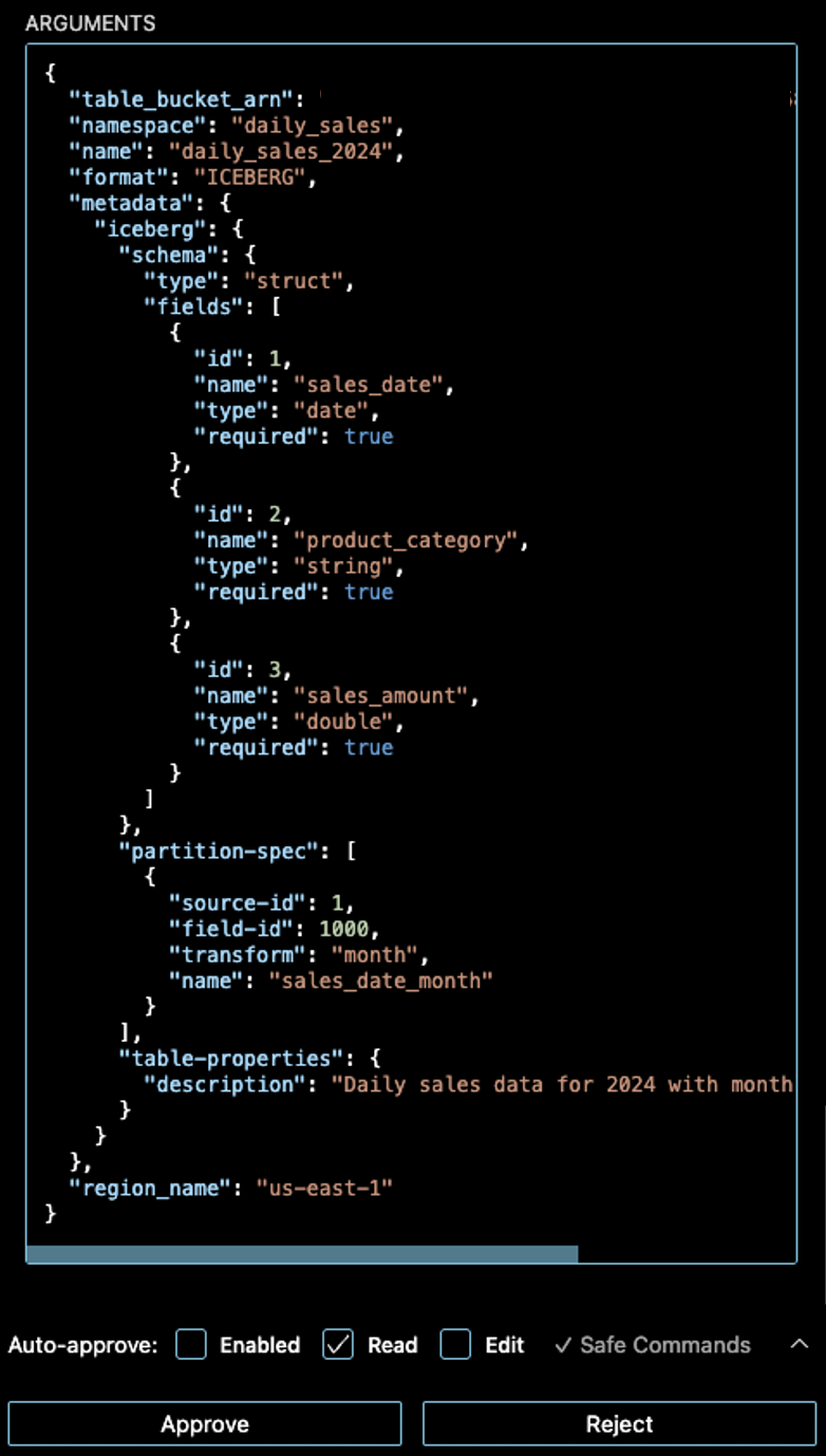 AI to create schema for table bucket